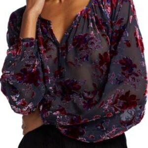 rag & bone Sheer Black Blouse With Red, Purple, and Blue Floral Design 
Large